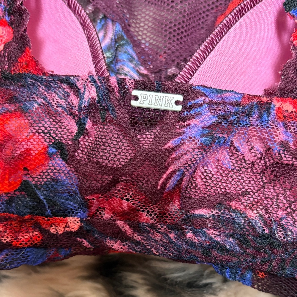 PINK Victoria's Secret Purple Blue and Pink Floral Lace Bralette w/ Mesh - Picture 8 of 10